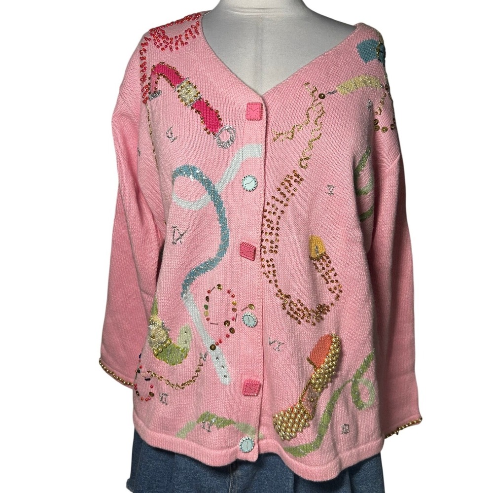Vintage Story Book Knits Pink Cardigan Sweater L Embellished Novelty Girly NWT